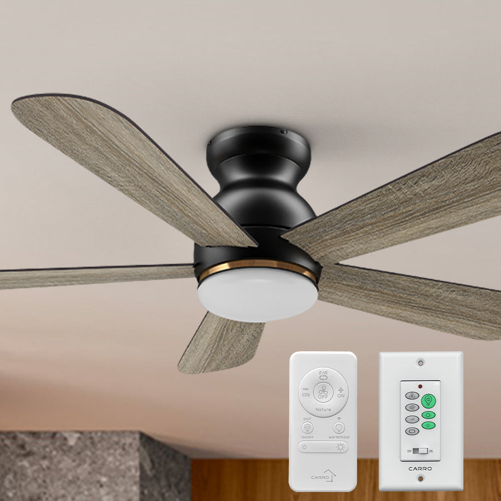 Kaze 48-inch low-profile smart ceiling fan with remote and wall switch, five wooden blades, and a dimmable LED light. Flush-mounted for low ceilings, it includes a remote and wall control, offering Wi-Fi connectivity and voice control with Alexa and Google Assistant. Suitable for indoor and outdoor use.