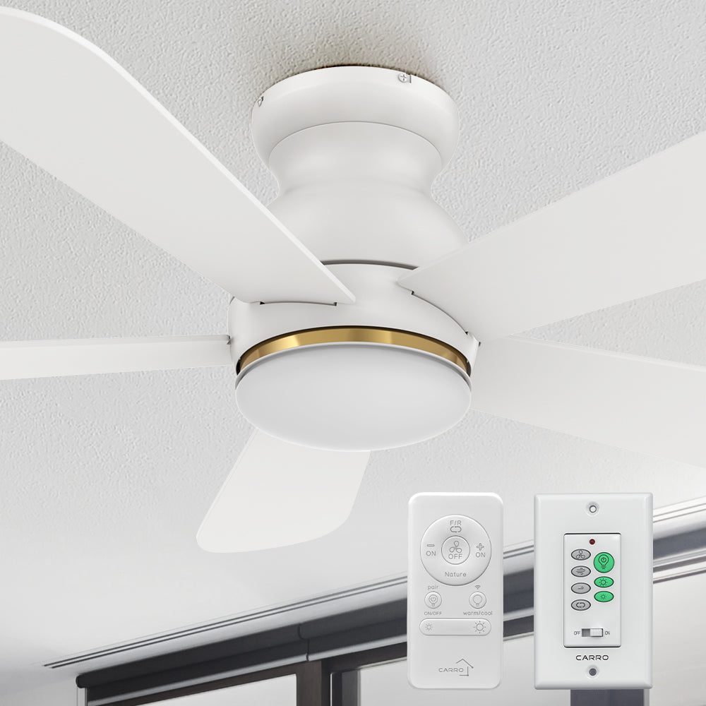 Carro Kaze 48 inch smart ceiling fan  with remote and wall switch control, designed with white finish, use elegant Plywood blades and has an integrated 4000K LED daylight. 