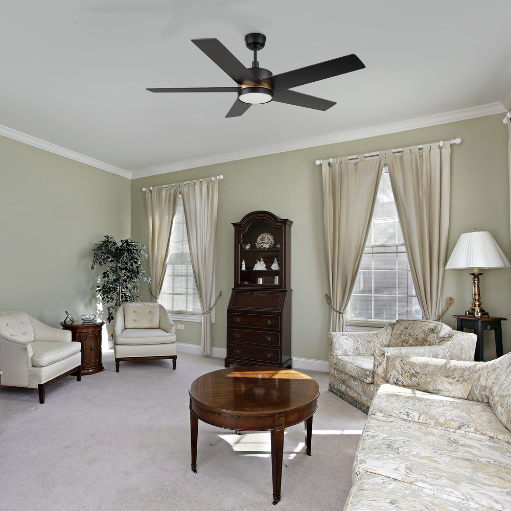 Carro Lakeland 52 inch smart ceiling fan with 5 blades and 4.5 inch downrod, black design, downrod mounted in a modern livingroom. 