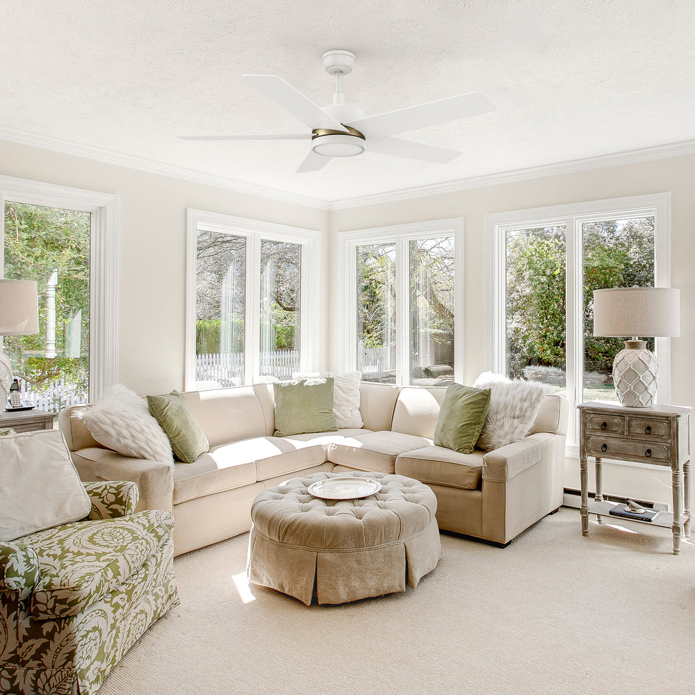 Carro Lakeland 52 inch smart ceiling fan with 5 blades and 4.5 inch downrod, white design, downrod mounted in a modern livingroom. 