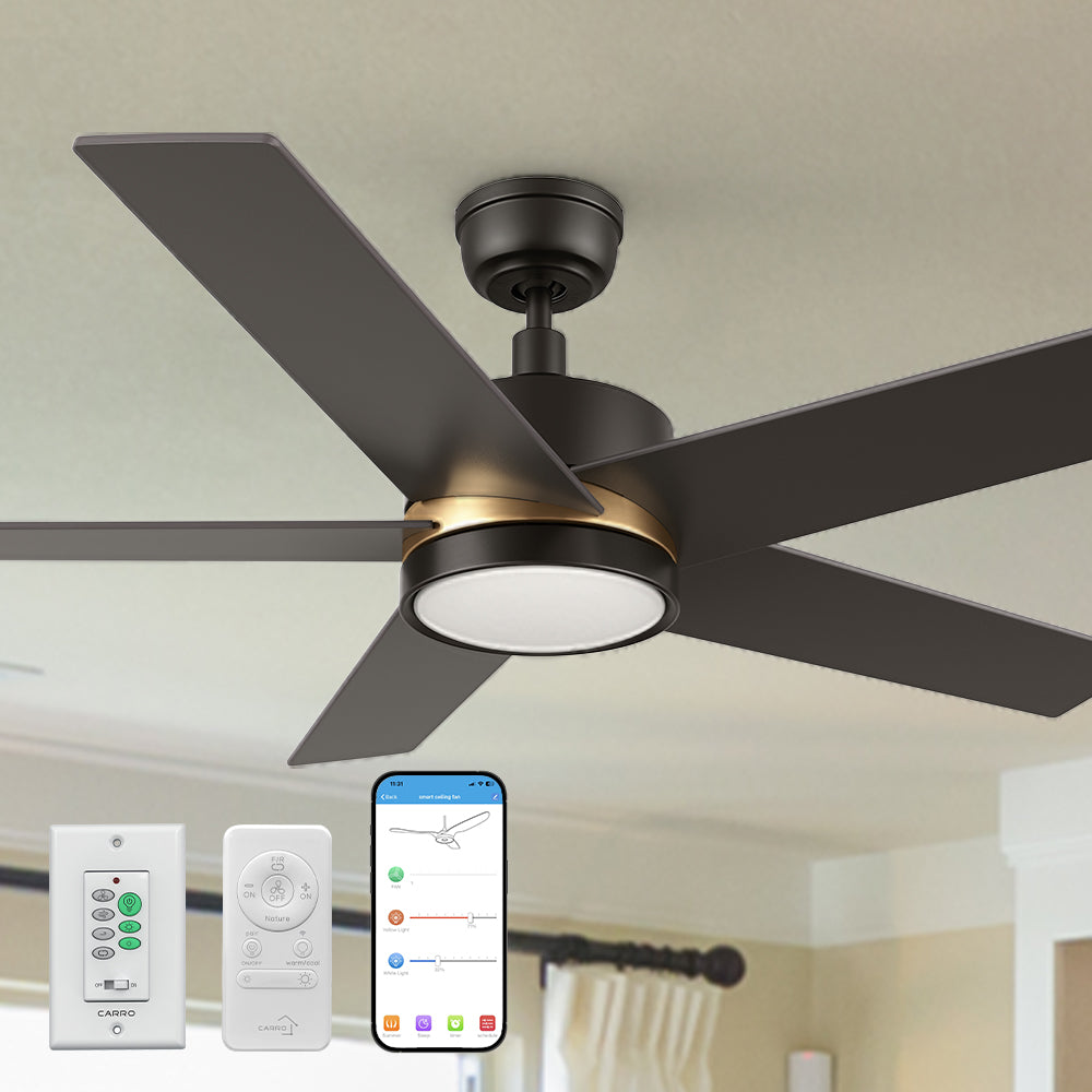Smafan Carro Lakeland 2 Smart 52-inch outdoor ceiling fan in black with a gold accent ring and integrated LED light. Includes remote control, wall control, and smart app interface for customizable settings. 