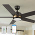 Smafan Carro Lakeland 2 Smart 52-inch outdoor ceiling fan in black with a gold accent ring and integrated LED light. Includes remote control, wall control, and smart app interface for customizable settings. 