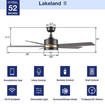 A product image for the Smafan Lakeland II 52-inch ceiling fan, featuring a detailed diagram of the fan with dimensions: 52 inches in length, 15 inches in width, 11.1 inches in height, 5.7 inches from ceiling to blade, 26 inches blade span, and 8.8 inches blade width.  The fan has a black and gold finish with smart features highlighted below, including Smartphone App, Voice Control, Remote Control, Wall Control, Wi-Fi Enabled, Dimmable Light, Summer/Winter Mode, and 10-Speed DC Motors. 