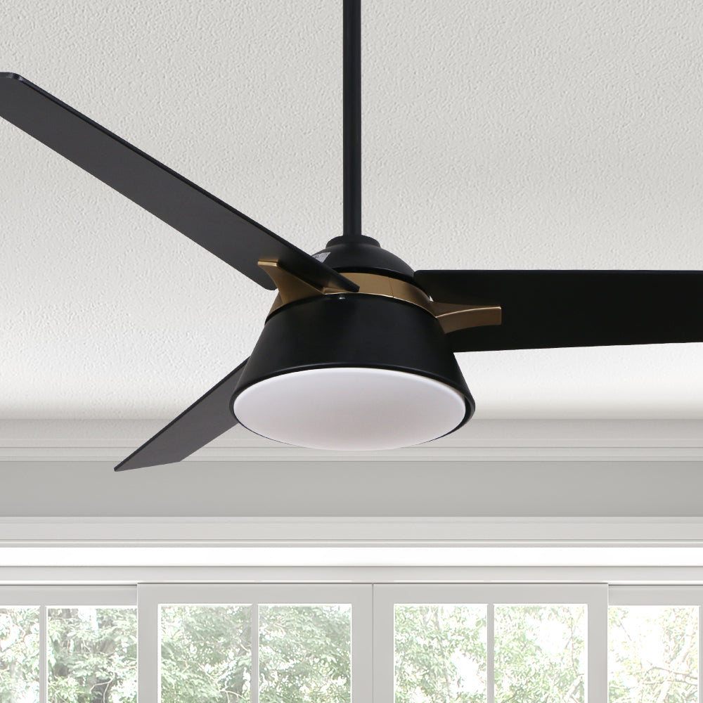 Smafan Lismore 48 inch Ceiling Fan designed with long squared blades in a black finish, elegant gold accents, and a flushed light cover. 