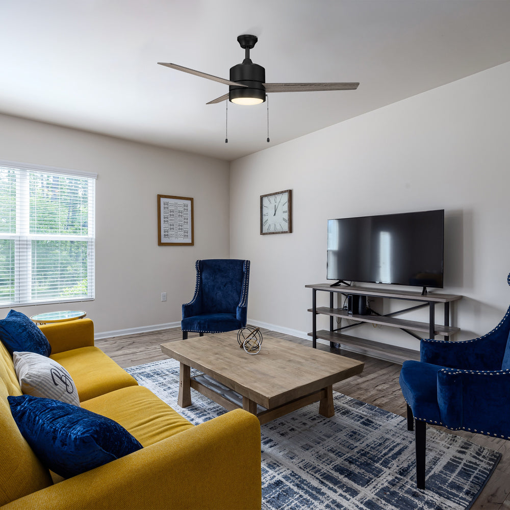 Carro Marais 52 inch pull-chain ceiling Fan design with elegant dark wood plywood blades and charming LED light. 