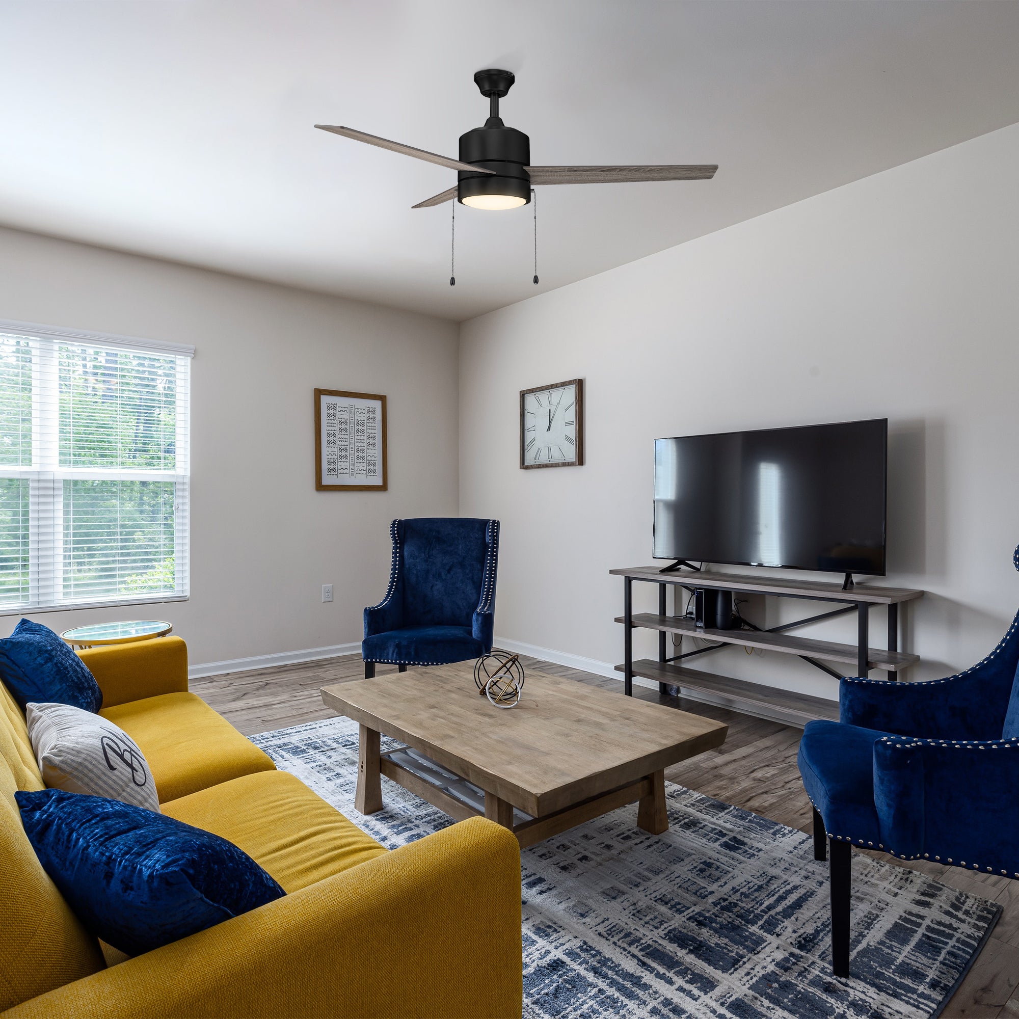 Carro Marais 52 inch pull-chain ceiling Fan design with elegant dark wood plywood blades and charming LED light. 