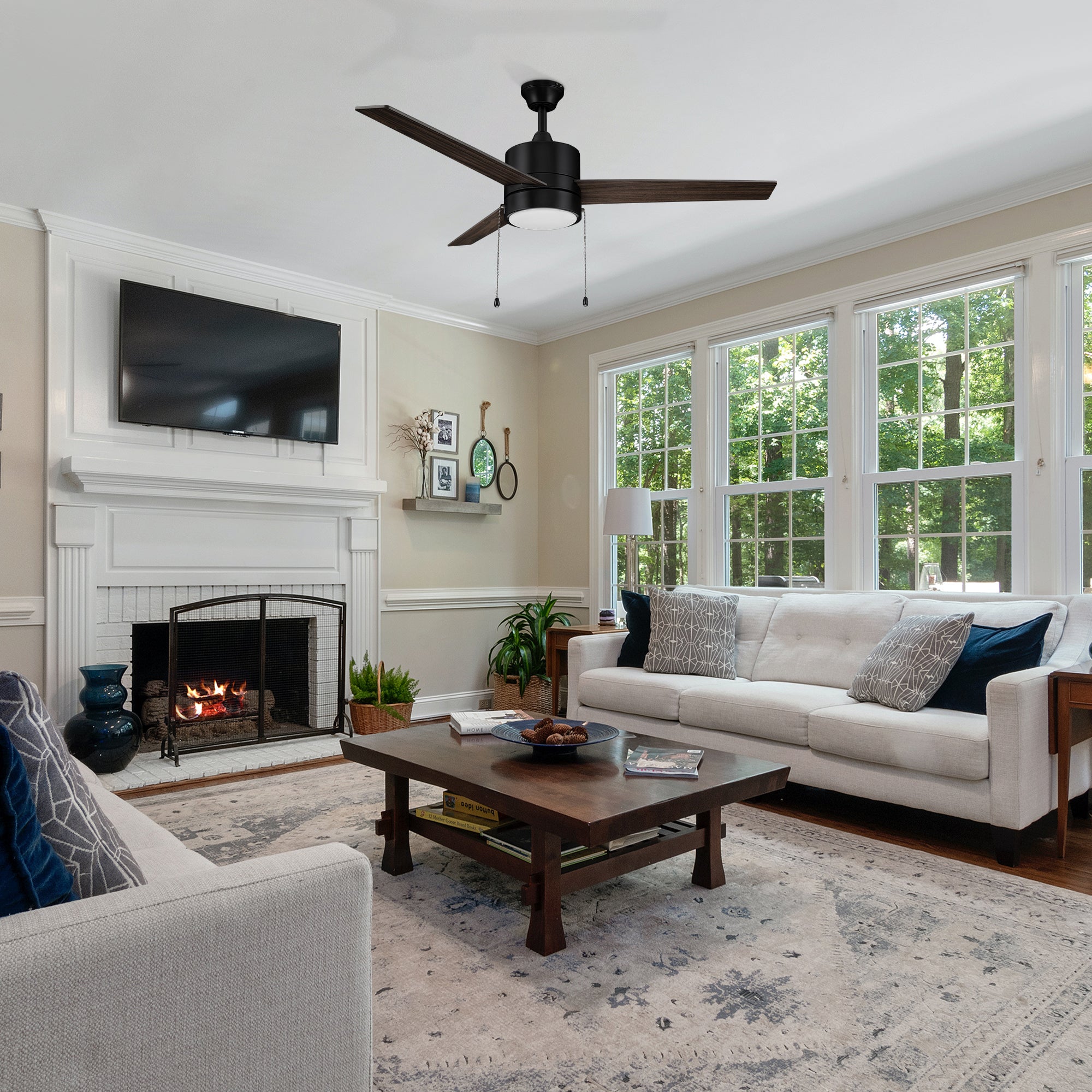 Carro Marais 52 inch pull-chain ceiling Fan design with elegant dark wood plywood blades and charming LED light. 
