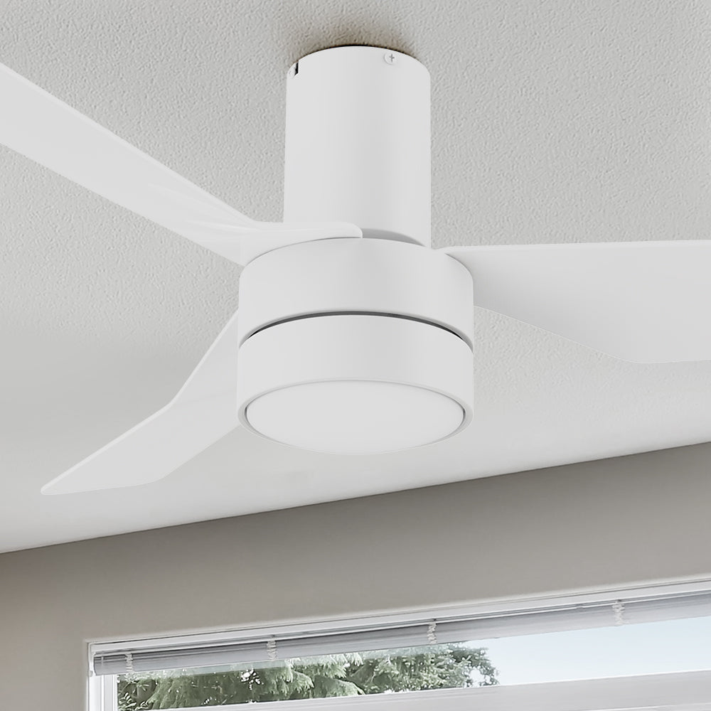 Smafan Carro Marion 44 inch ceiling fan with pure white finish, strong ABS blades and integrated 4000K LED cool light. 
