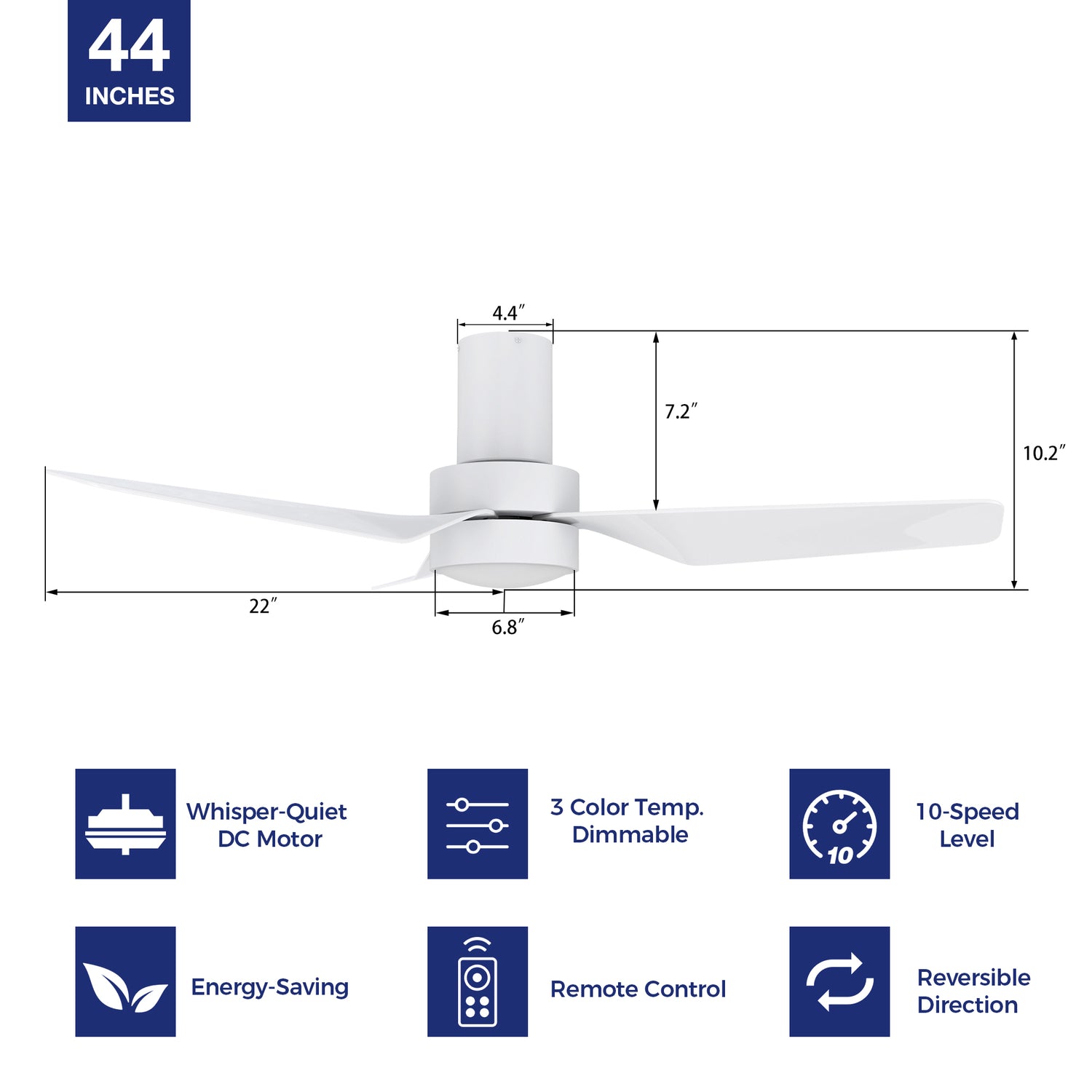 Modern white ceiling fan with dimmable light and whisper-quiet dc motor, featuring with remote controller and 10-speed selection. Design with low-profile, this 44inch also has 3-color temperature light for your choice. 