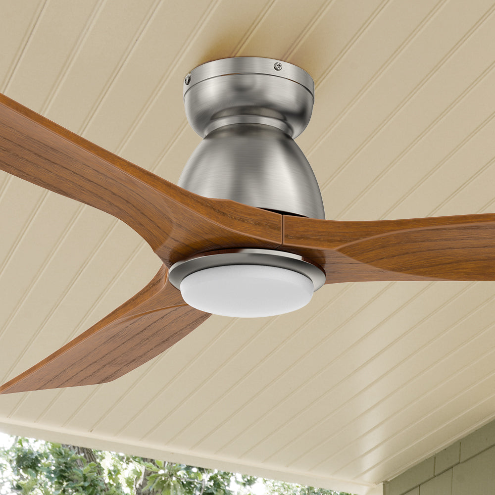 Carro Oswego 52 inch outdoor ceiling fan with LED light, and 3 solid wood fan blades, flush mounted in indoor/outdoor living space.