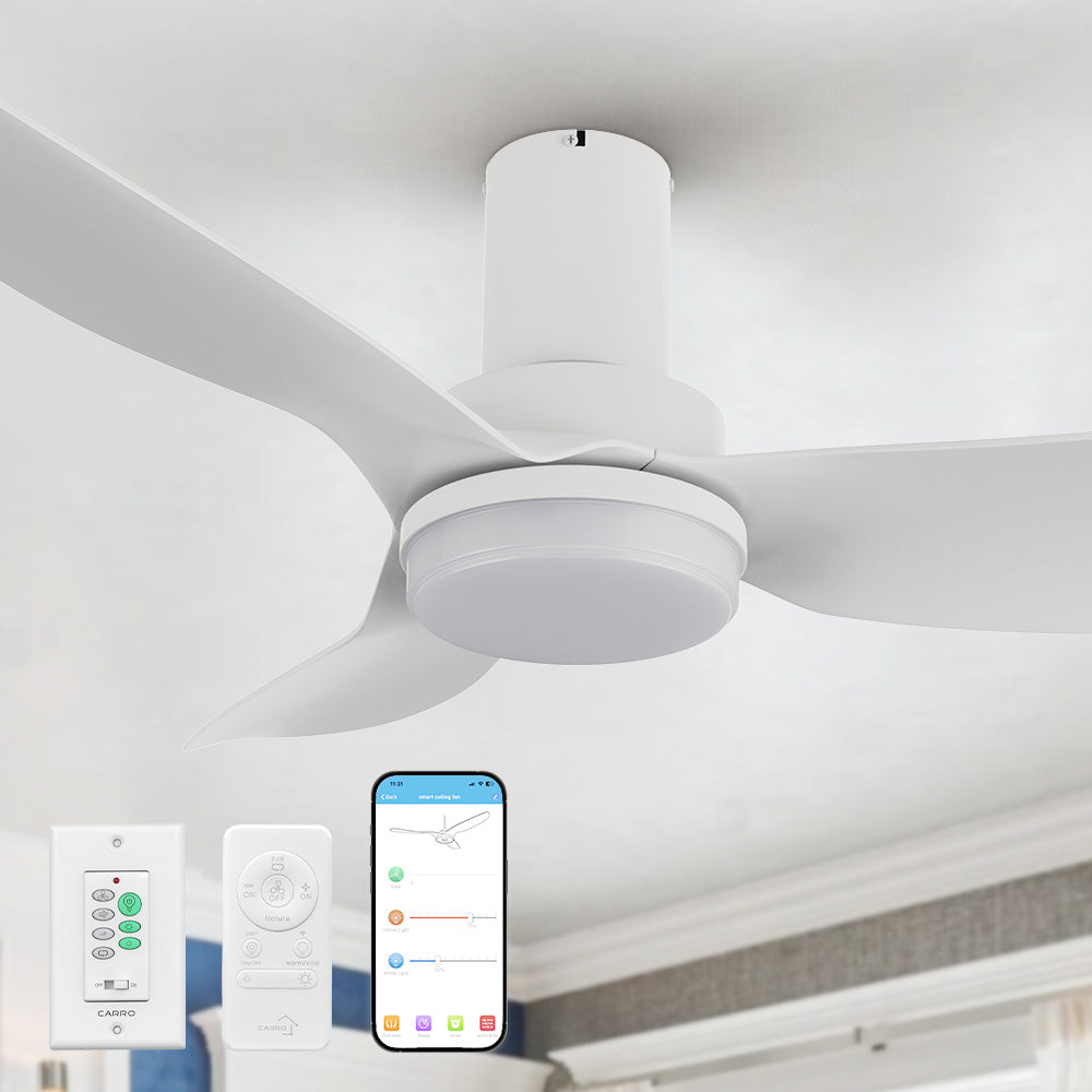 Installed Smafan Carro Prescott2 45-inch flush mount white ceiling fan in a modern indoor setting, paired with smartphone and remote control options. 