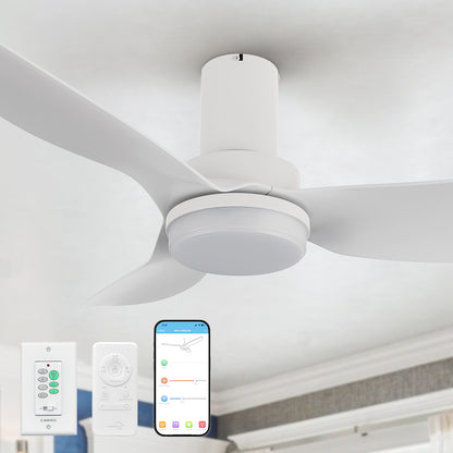 Installed Smafan Carro Prescott2 45-inch flush mount white ceiling fan in a modern indoor setting, paired with smartphone and remote control options. 