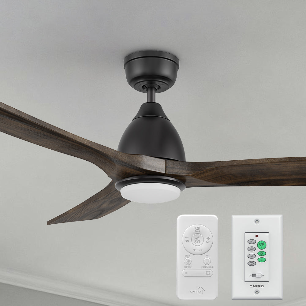 Carro Sawyer 48-inch smart outdoor ceiling fan with a black finish, solid wood blades, and an integrated 4000K LED daylight. Includes a remote control and wall switch for easy operation. 