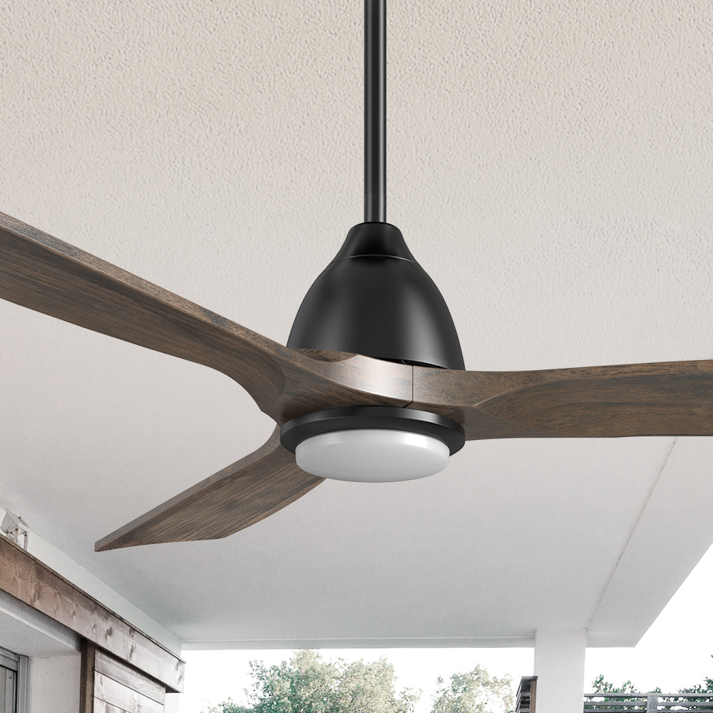 Carro Sawyer 48 inch smart outdoor ceiling fan with black finish, elegant Solid Wood blades and has an integrated 4000K LED daylight.