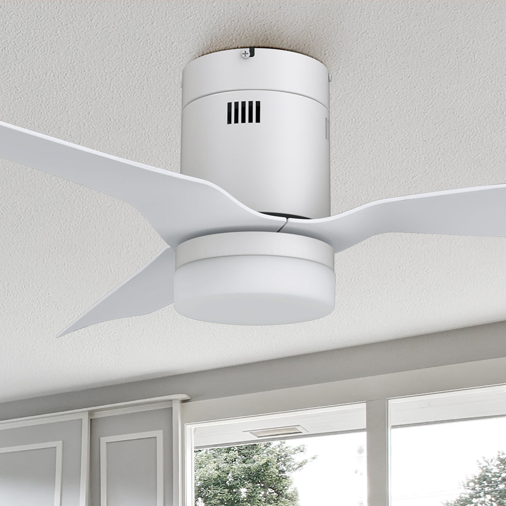 Carro Striver 48 inch outdoor ceiling fan with white design, flush mounted in a smart home. #color_white