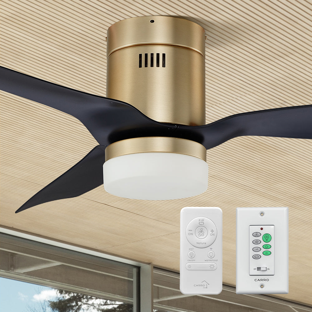 Carro Striver 48 inch outdoor ceiling fan with black and gold design, flush mounted in a smart home. 