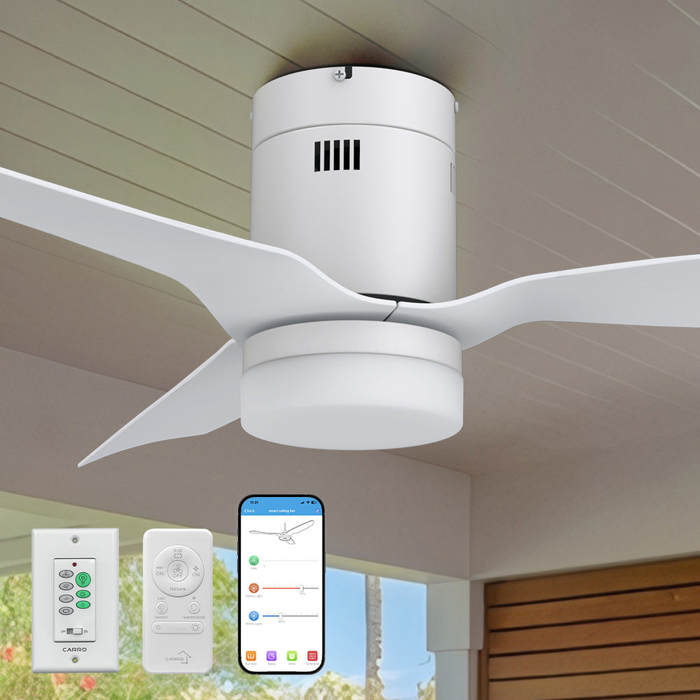 Close-up view of the Smafan Carro Striver II 52-inch white flush-mount smart ceiling fan installed on a covered outdoor ceiling. The fan includes an integrated LED light and comes with multiple control options: wall switch, handheld remote, and smartphone app. Ideal for modern outdoor living spaces. 