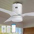 Close-up view of the Smafan Carro Striver II 52-inch white flush-mount smart ceiling fan installed on a covered outdoor ceiling. The fan includes an integrated LED light and comes with multiple control options: wall switch, handheld remote, and smartphone app. Ideal for modern outdoor living spaces. 