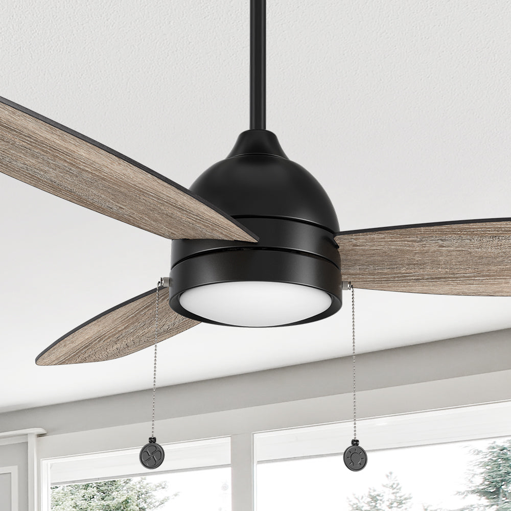 Carro Tesoro 52 inch Pull-Chain Ceiling Fan with downrod mounted, designed with wooden exterior, elegant plywood blades, and a charming LED light cover. 