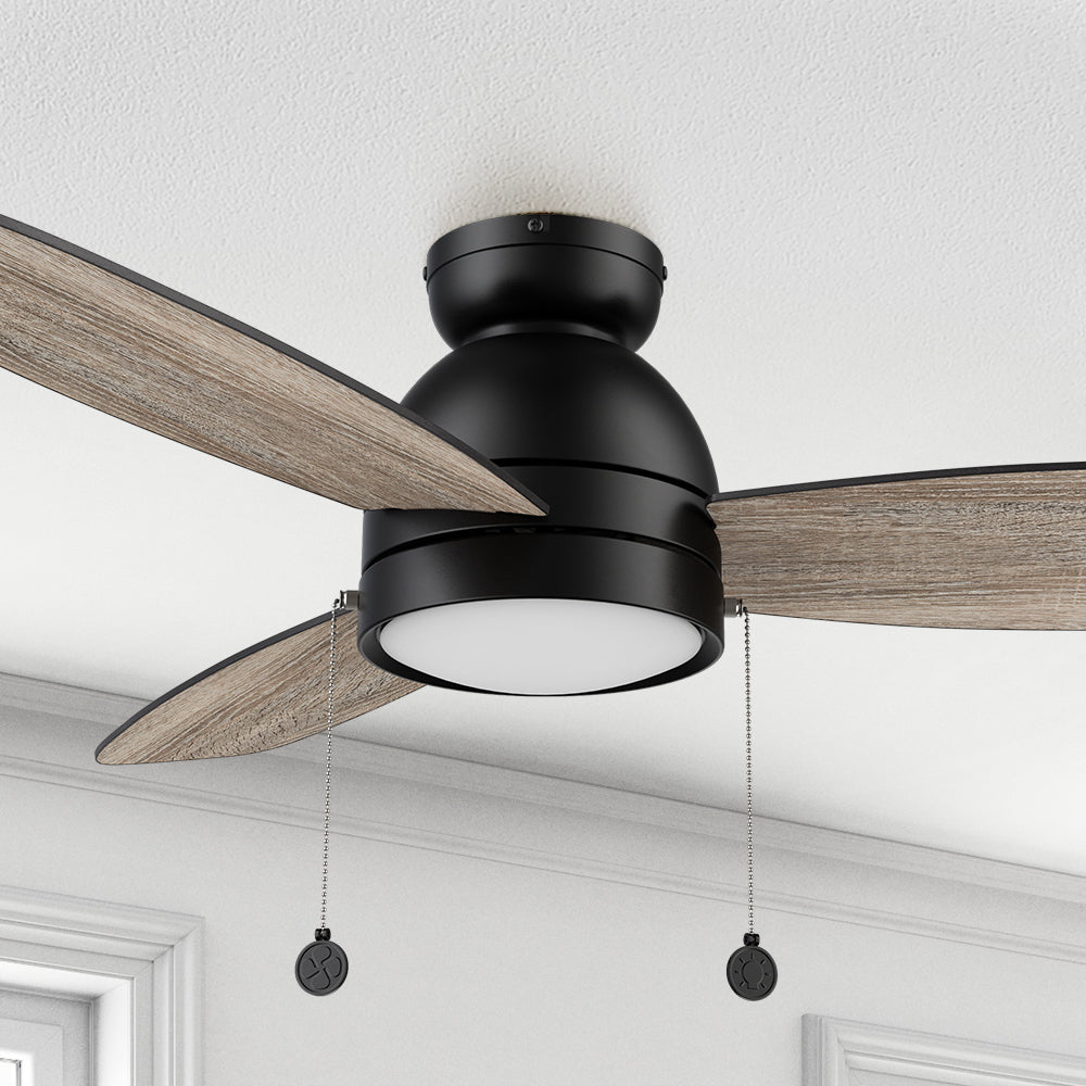 Carro Tesoro 52 inch Pull-Chain Ceiling Fan with flush mounted, designed with wooden exterior, elegant plywood blades, and a charming LED light cover. 