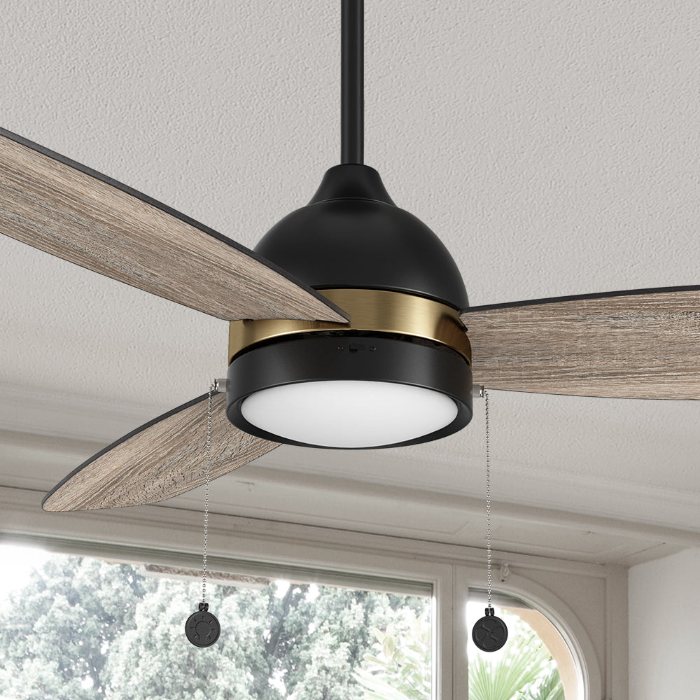 Carro Tesoro 52 inch Pull-Chain Ceiling Fan designed with wooden exterior, elegant plywood blades, and a charming LED light cover. 