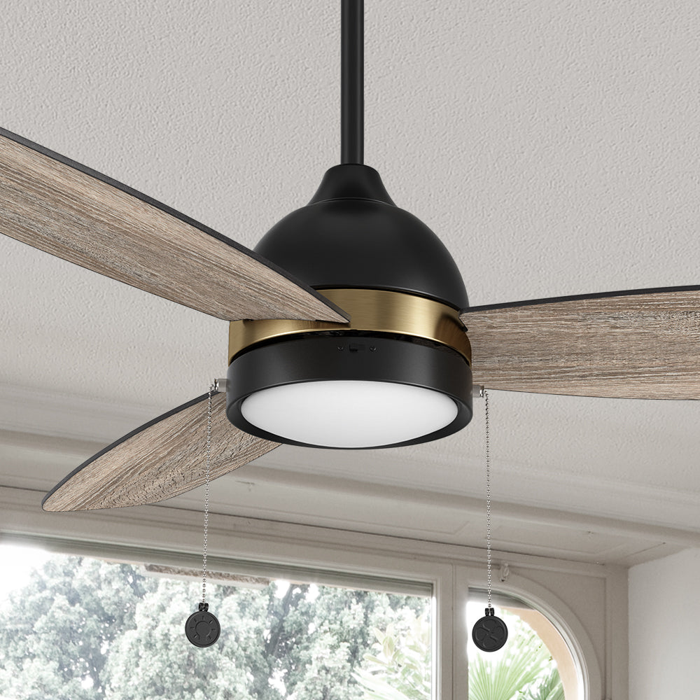 Carro Tesoro 52 inch Pull-Chain Ceiling Fan designed with wooden exterior, elegant plywood blades, and a charming LED light cover. #color_dark-wood