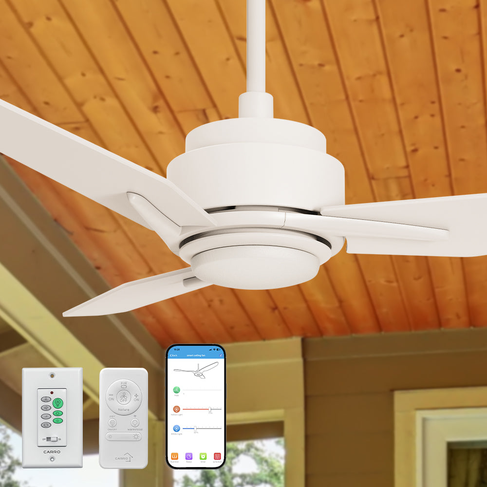 Carro Tilbury 48 inch smart ceiling fan designed with White finish, use elegant Plywood blades and has an integrated 4000K LED cool light, design for covered patio. 