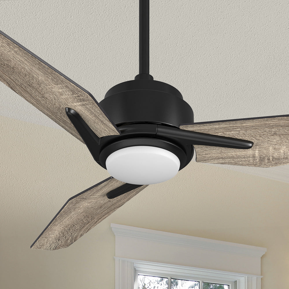 Carro Tilbury 48 inch smart outdoor ceiling fan with light wood finish, use elegant plywood blades and integrated 4000K LED cool light. 