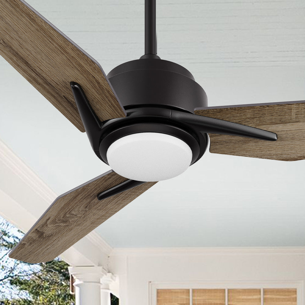 Carro Tilbury 48 inch smart outdoor ceiling fan with light wood finish, use elegant plywood blades and integrated 4000K LED cool light. 