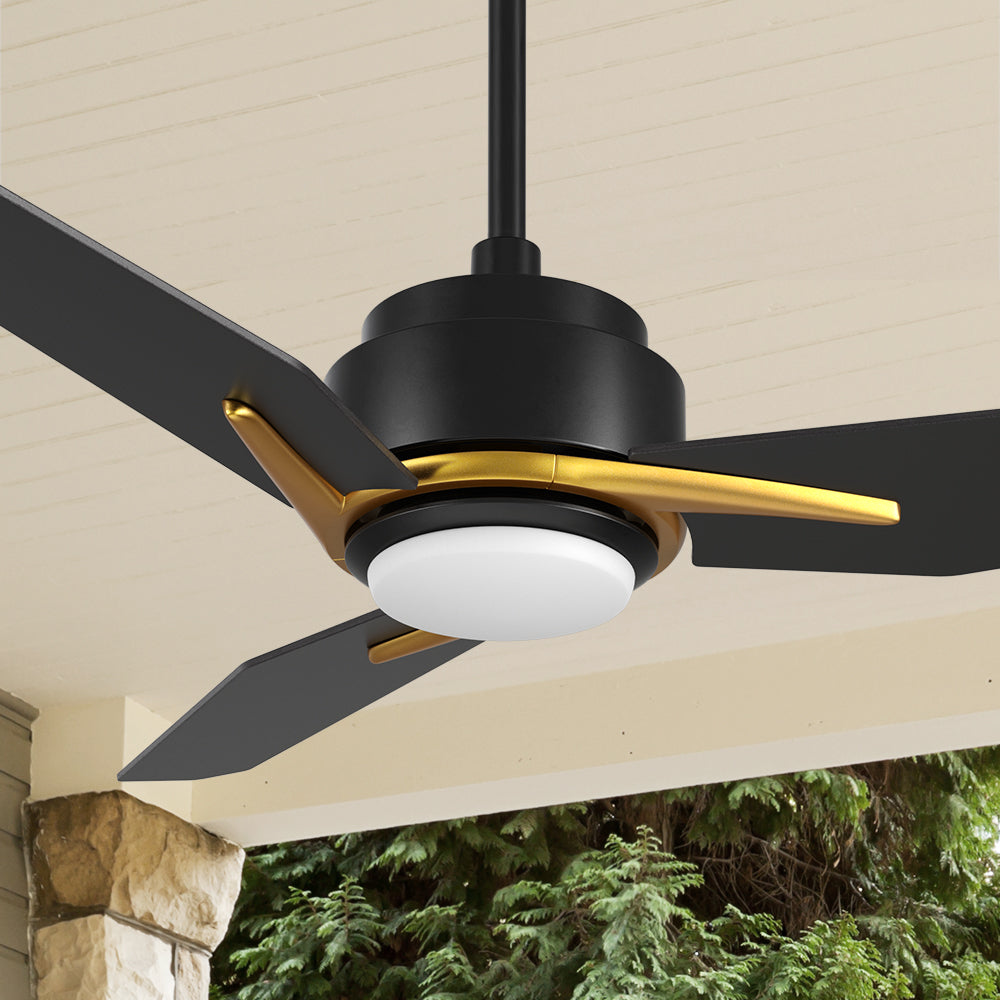 Carro Tilbury 48 inch smart outdoor ceiling fan with black and gold finish, use elegant plywood blades and integrated 4000K LED cool light. 
