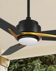 Carro Tilbury 48 inch smart outdoor ceiling fan with black and gold finish, use elegant plywood blades and integrated 4000K LED cool light. 