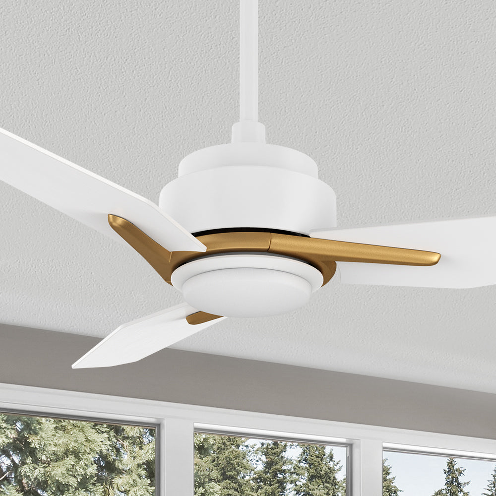 Carro Tilbury 52 inch smart outdoor ceiling fan with white and gold finish, use elegant plywood blades and integrated 4000K LED cool light. 