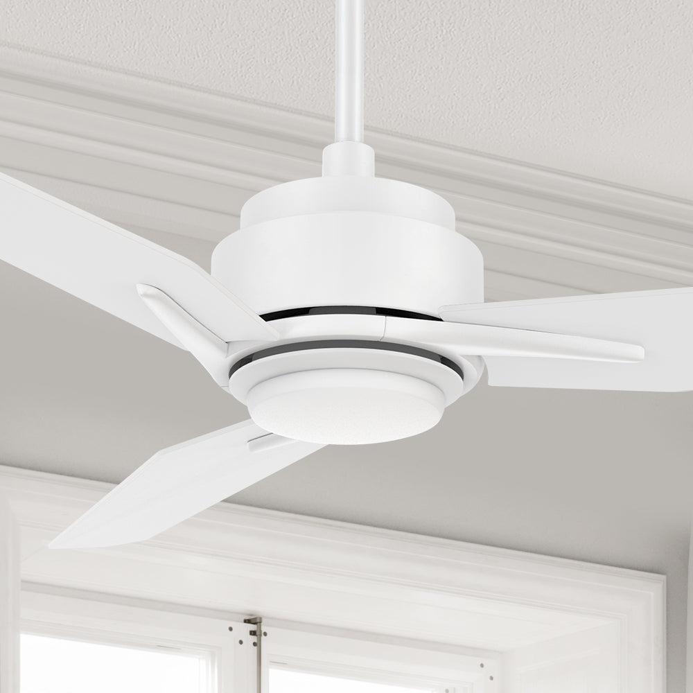 Carro Tilbury 56 inch smart ceiling fan designed with White finish, use elegant Plywood blades and has an integrated 4000K LED cool light.
