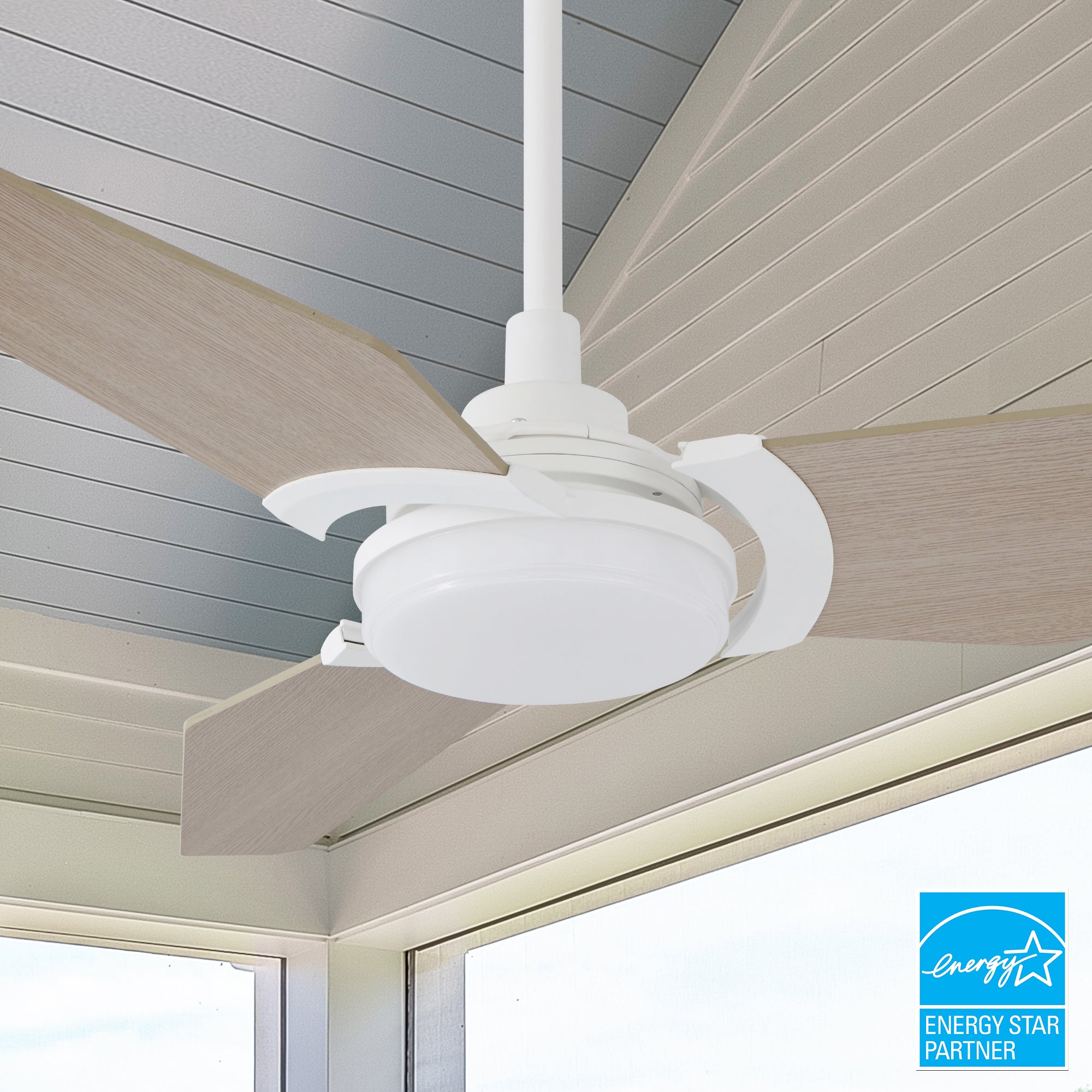 Smafan Carro Trailblazer 52 inch outdoor ceiling fan with light, sleek and stylish design, energy-efficient LED kit, whisper-quiet operation. #color_light-wood