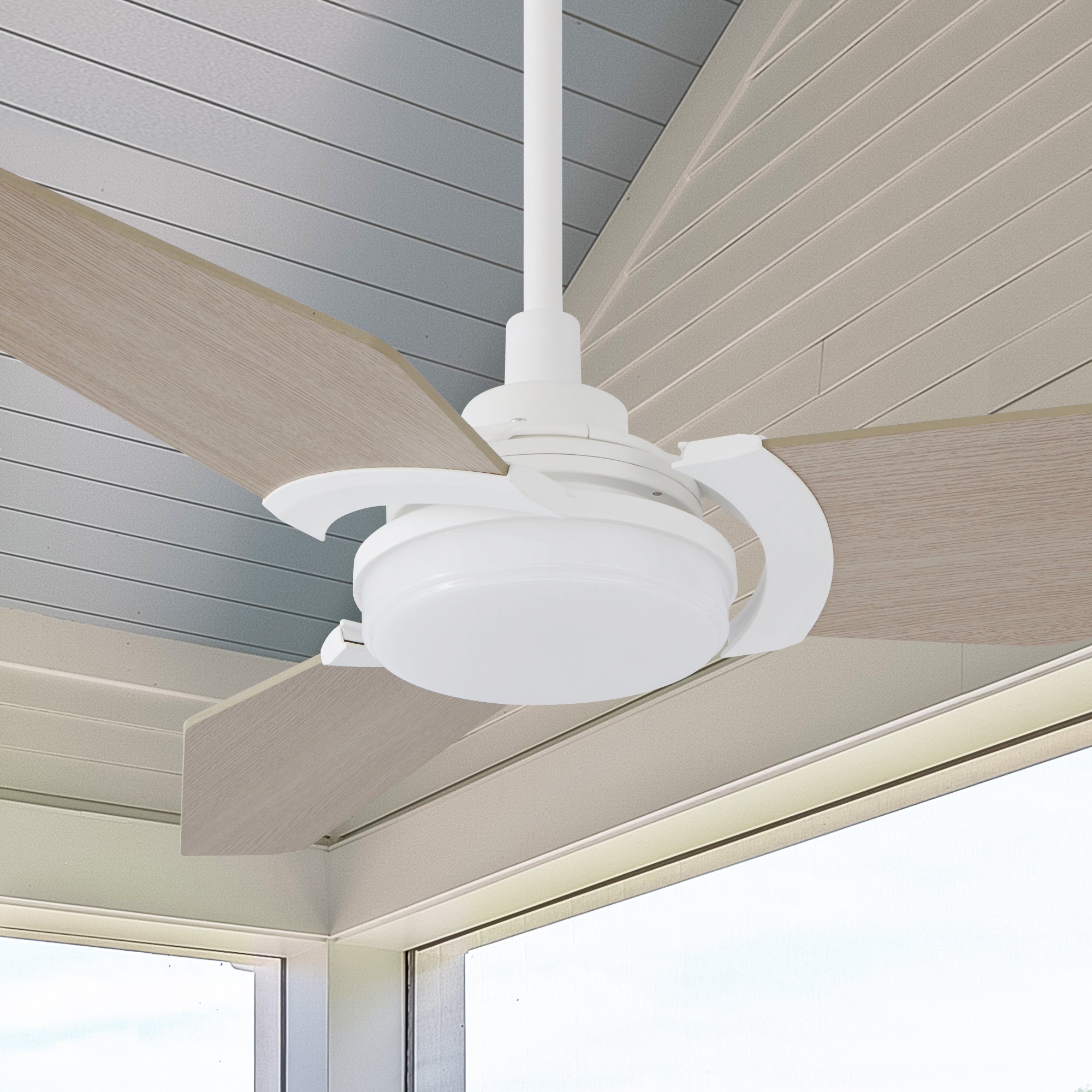 Smafan Carro Trailblazer 56 inch outdoor ceiling fan with light, sleek and stylish design, energy-efficient LED kit, whisper-quiet operation. #color_light-wood