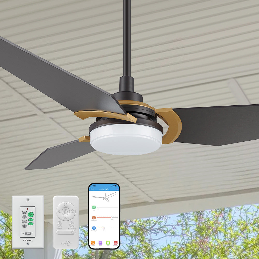 Smafan or Carro Trailblazer 52-inch smart ceiling fan in a black and gold finish, with its control options laid out for a covered outdoor patio setting. The fan features three black plywood blades with gold accents on the blade holders and housing. 