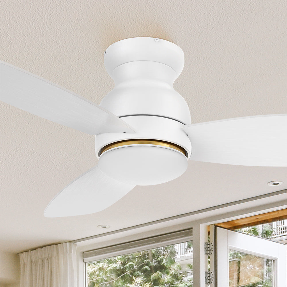 Smafan 44 inch Trendsetter smart ceiling fan designed with white finish, elegant Plywood blades and integrated 4000K LED daylight. 