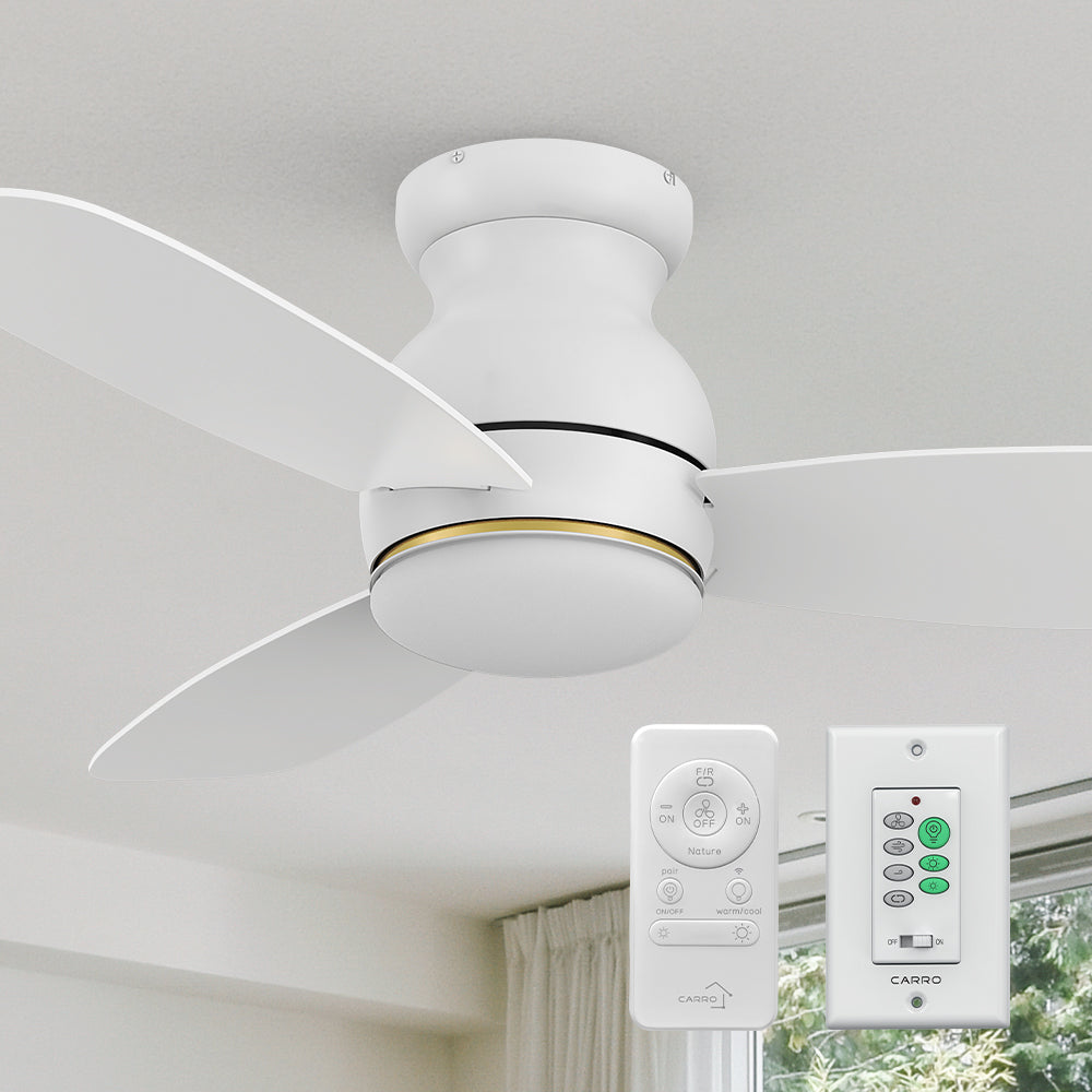 Smafan 44 inch Trendsetter smart ceiling fan designed with white finish, elegant Plywood blades and integrated 4000K LED daylight. 