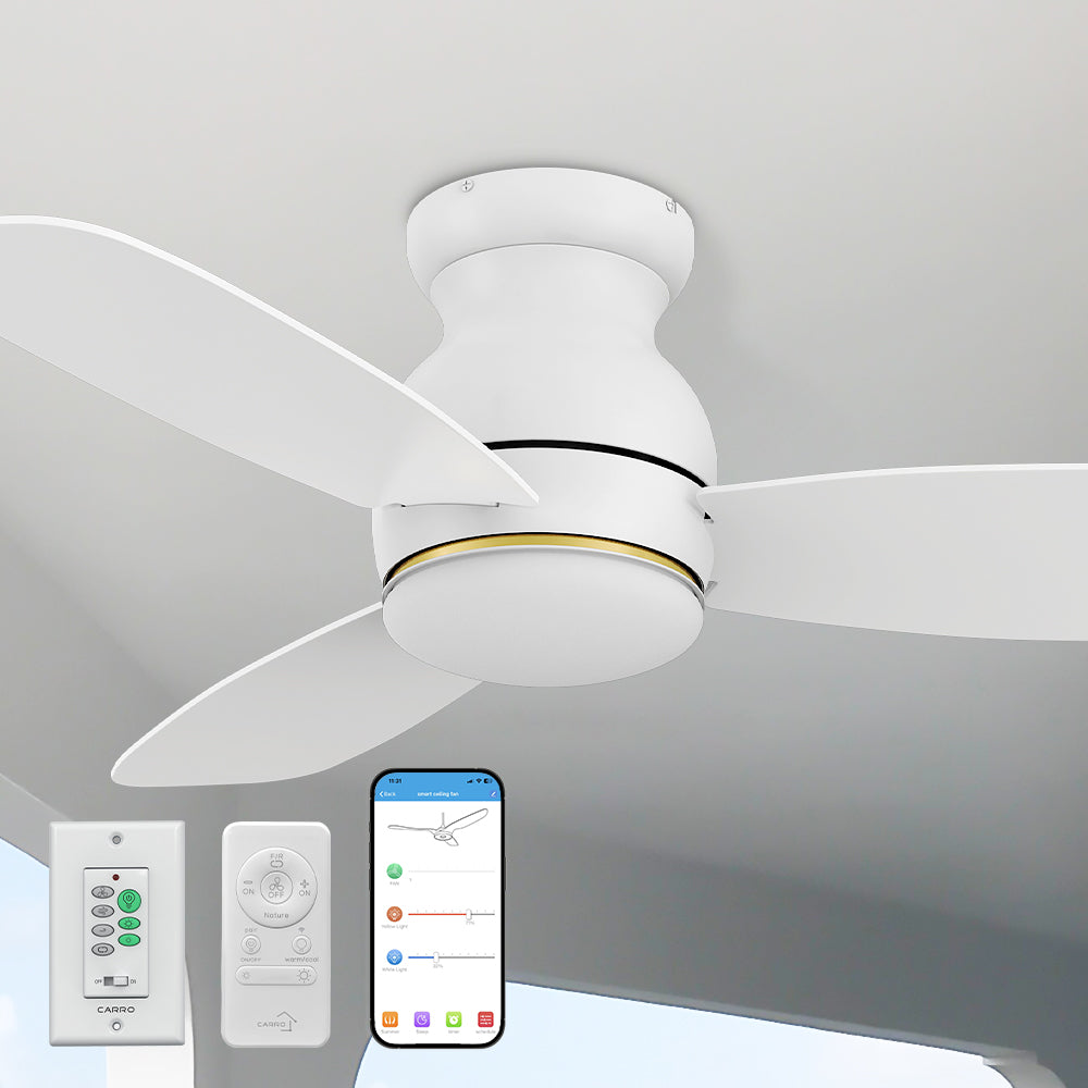 Smafan 44 inch Trendsetter smart ceiling fan designed with white finish, elegant Plywood blades and integrated 4000K LED daylight. 
