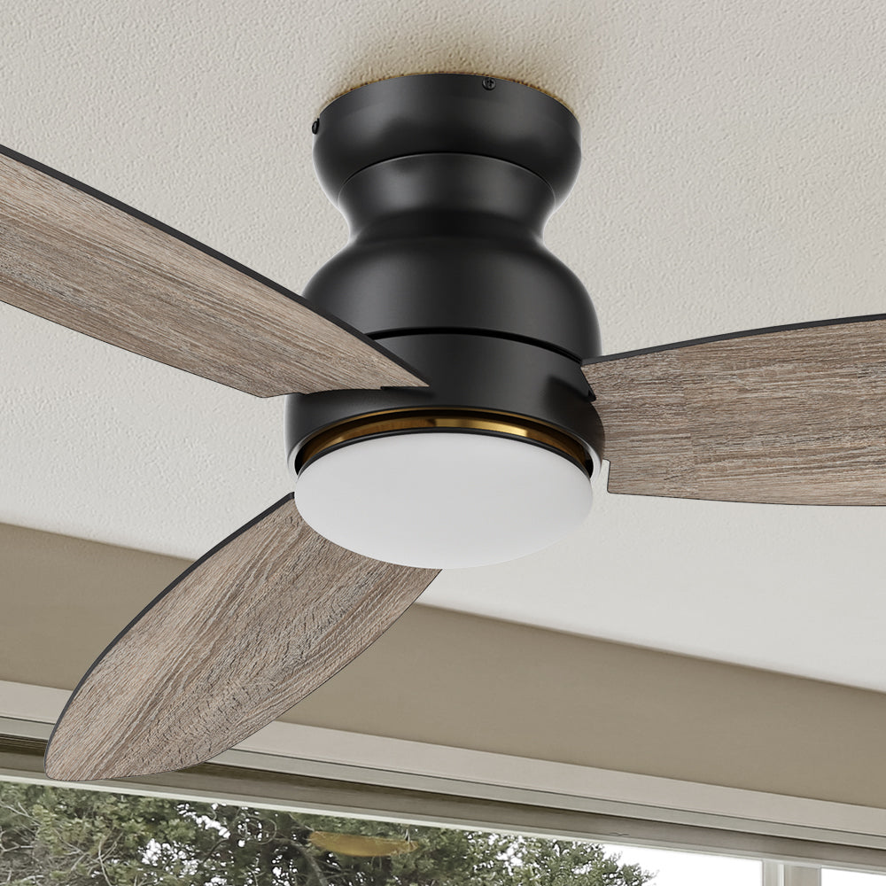 The Smafan Trendsetter Smart Ceiling Fan with 3 blades and a 60-inch blade sweep with a flush mounted motor case and tropical inspired blades. #color_wood