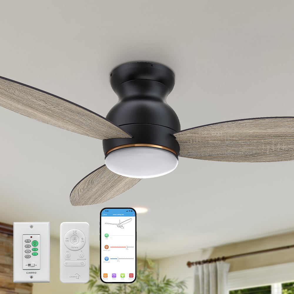 Smafan 48 inch Trendsetter smart ceiling fan designed with wood finish, elegant Plywood blades and integrated 4000K LED daylight.