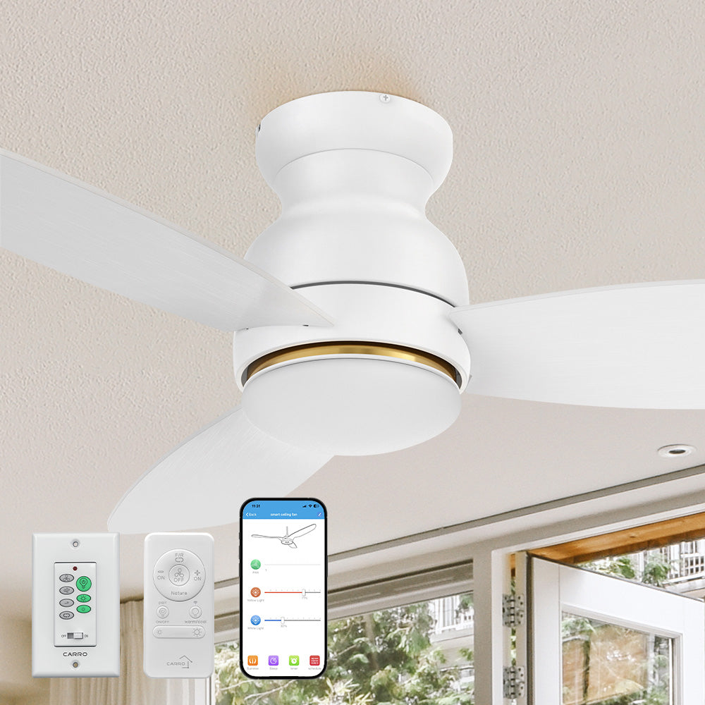 Smafan 52 inch Trendsetter2 smart ceiling fan designed with white finish, elegant Plywood blades and integrated 4000K LED daylight. 