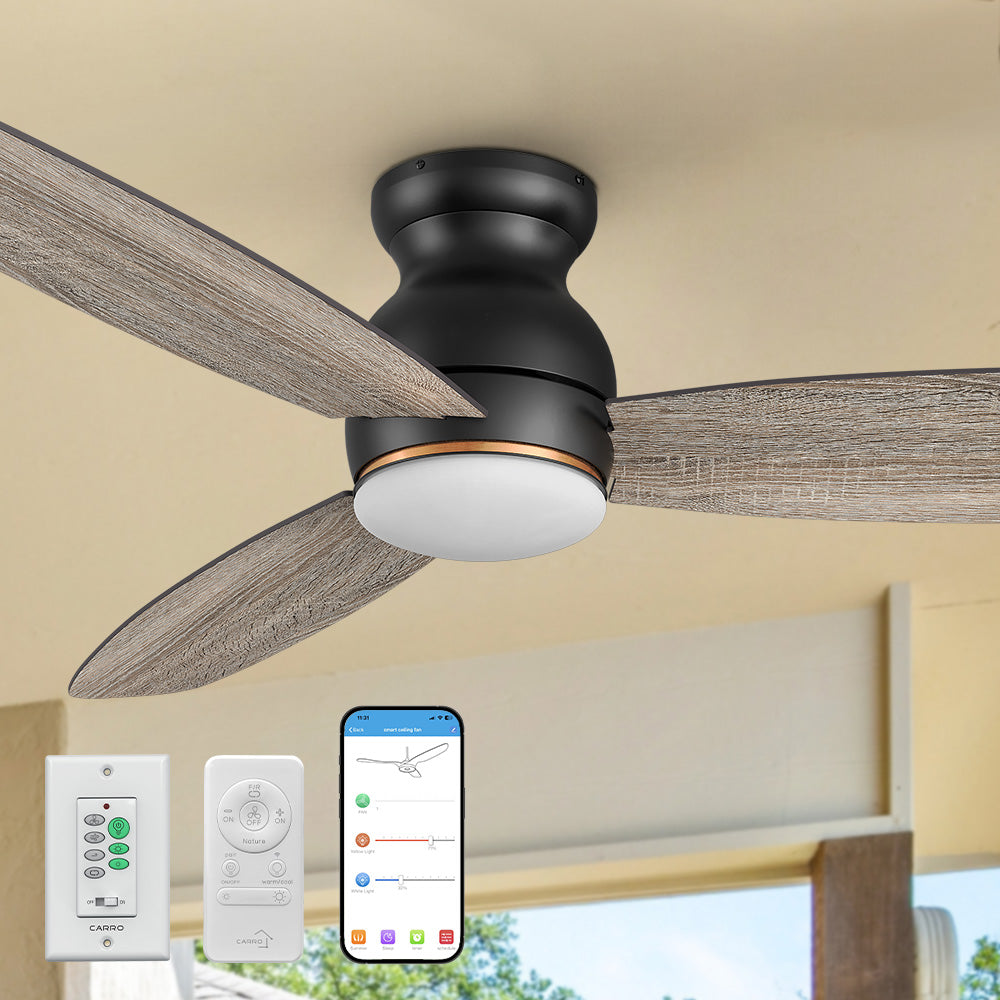 The Smafan Trendsetter Ⅱ Smart Ceiling Fan with 3 blades and a 60-inch blade sweep with a flush mounted motor case and tropical inspired blades. Ideal for covered balconies and outdoor spaces, it offers convenient control via remote, wall switch, or Wi-Fi–enabled app. 