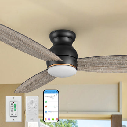 The Smafan Trendsetter Ⅱ Smart Ceiling Fan with 3 blades and a 60-inch blade sweep with a flush mounted motor case and tropical inspired blades. Ideal for covered balconies and outdoor spaces, it offers convenient control via remote, wall switch, or Wi-Fi–enabled app. 