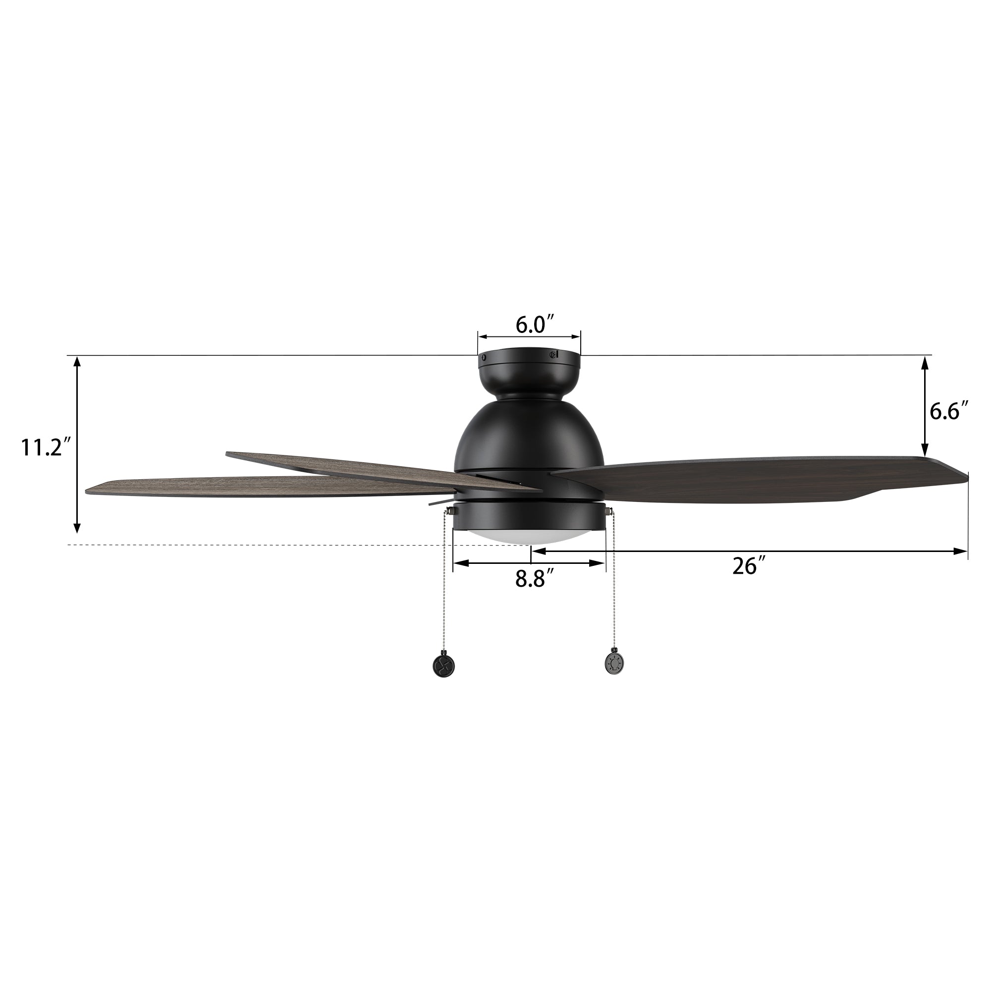 Detail size of Carro flush mount Treyton 52 inch pull chain ceiling fan with light, indoor use only. #color_wood