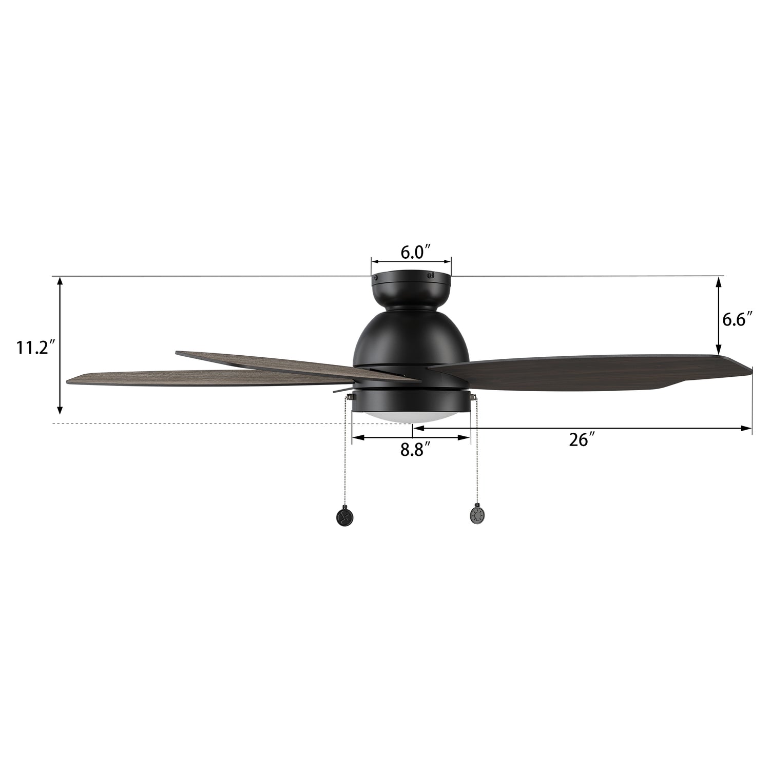 Detail size of Carro flush mount Treyton 52 inch pull chain ceiling fan with light, indoor use only. 