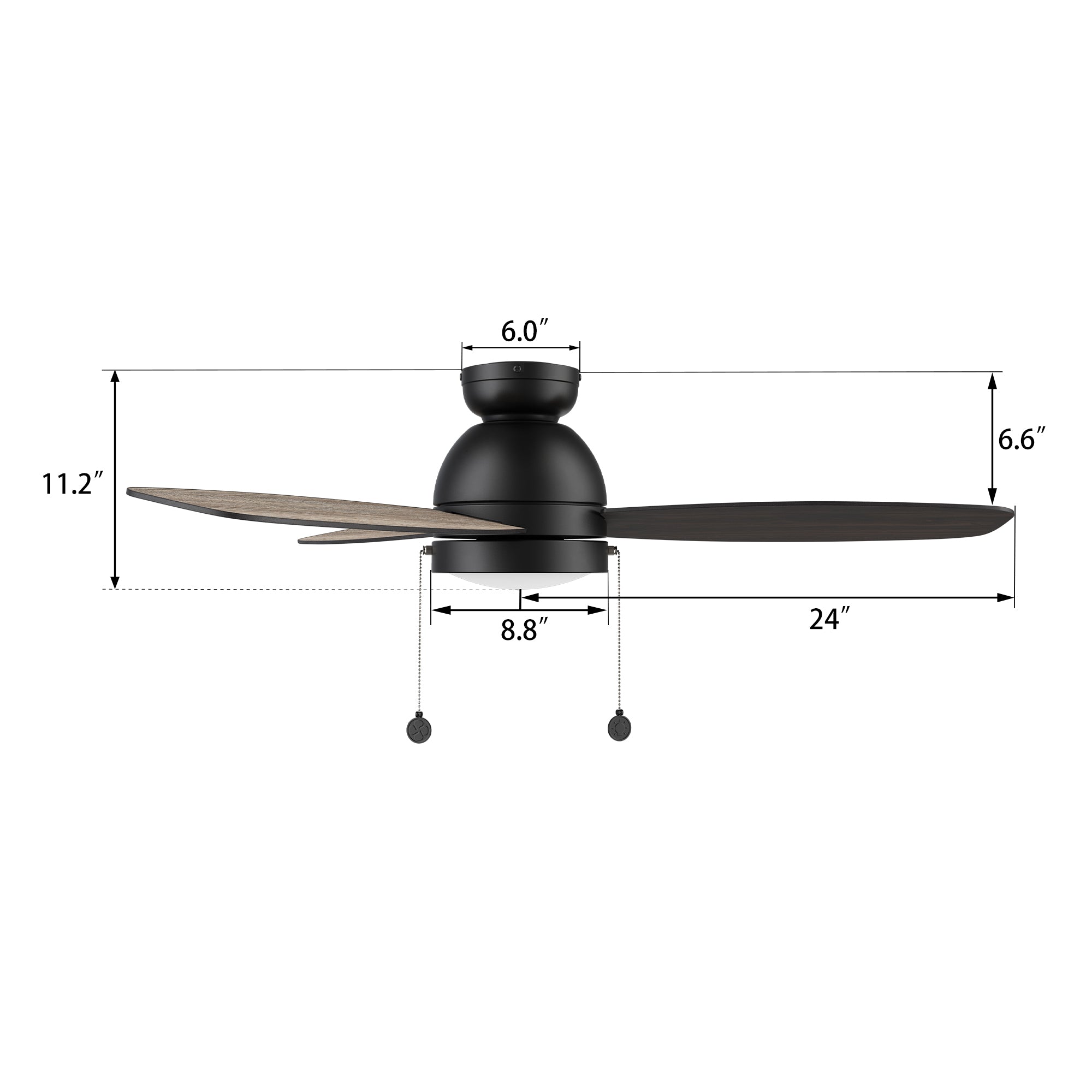 A size detail of Carro Troyes 48 inch pull-chain ceiling fan with light. #color_wood