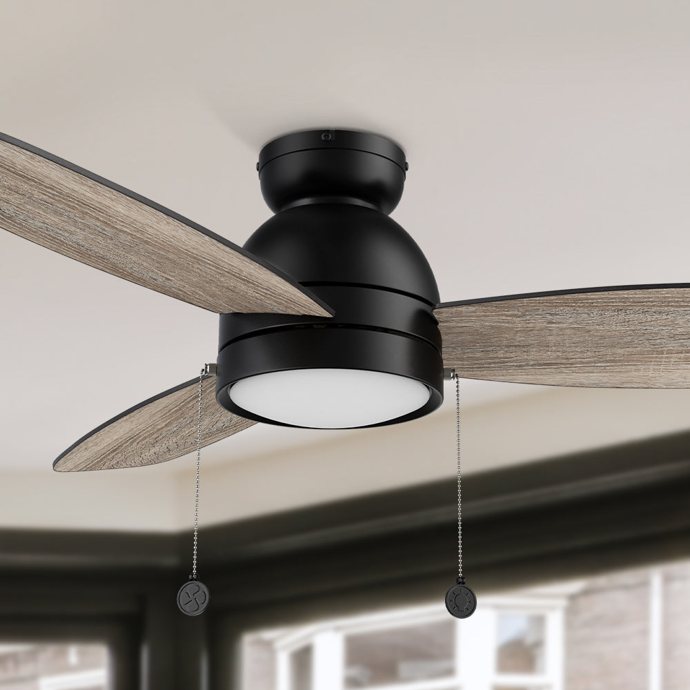 Smafan Carro Troyes 48 inch ceiling fan with pull chain design with a Black finish, Plywood blades, and an integrated 4000K LED cool light. #color_Wood