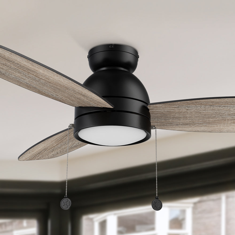 Smafan Carro Troyes 48 inch ceiling fan with pull chain design with a Black finish, Plywood blades, and an integrated 4000K LED cool light. 