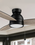 Smafan Carro Troyes 48 inch ceiling fan with pull chain design with a Black finish, Plywood blades, and an integrated 4000K LED cool light. 